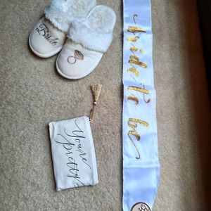 Bridal sash, pin, slippers and clutch